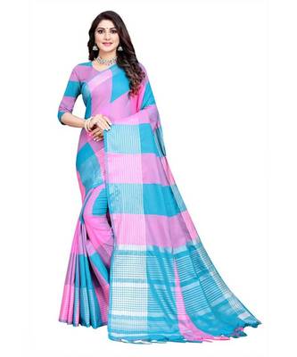 Pink and sky blue cotton saree with blouse piece 2