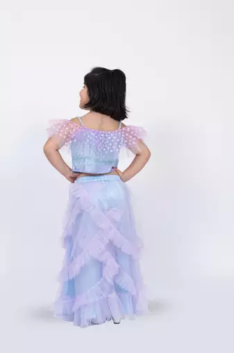 Elaisha sleeveless ruffled detailed top with skirt & dupatta set - mauve & light blue