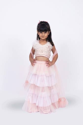Elaisha sleeveless sequin ruffled top with skirt & dupatta set - peach & off white