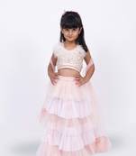 Elaisha sleeveless sequin ruffled top with skirt & dupatta set - peach & off white