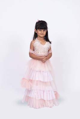 Elaisha sleeveless sequin ruffled top with skirt & dupatta set - peach & off white 2
