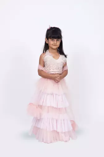 Elaisha sleeveless sequin ruffled top with skirt & dupatta set - peach & off white