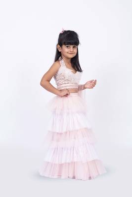 Elaisha sleeveless sequin ruffled top with skirt & dupatta set - peach & off white 3