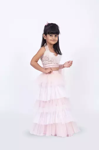 Elaisha sleeveless sequin ruffled top with skirt & dupatta set - peach & off white