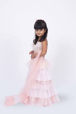 Elaisha sleeveless sequin ruffled top with skirt & dupatta set - peach & off white 4