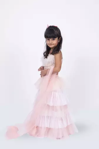 Elaisha sleeveless sequin ruffled top with skirt & dupatta set - peach & off white