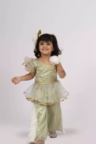 Elaisha one-shoulder sleeve ruffle detailed top with palazzo set - pista green