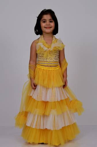 Elaisha sleeveless sequin top with skirt & dupatta set - yellow & off white