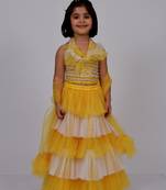Elaisha sleeveless sequin top with skirt & dupatta set - yellow & off white