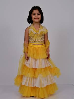 Elaisha sleeveless sequin top with skirt & dupatta set - yellow & off white 2