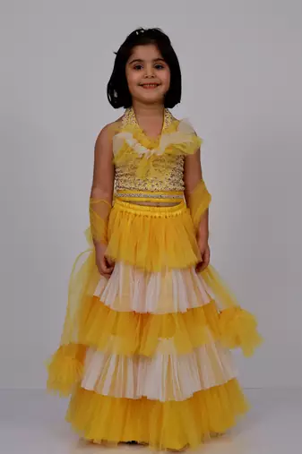 Elaisha sleeveless sequin top with skirt & dupatta set - yellow & off white