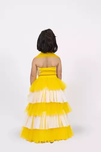 Elaisha sleeveless sequin top with skirt & dupatta set - yellow & off white