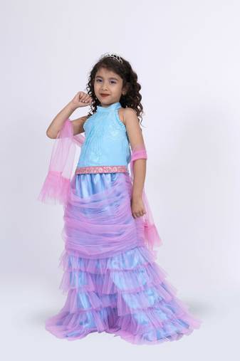 Elaisha sleeveless mermaid-shaped top with skirt & dupatta set - light blue & light pink