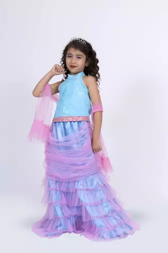 Elaisha sleeveless mermaid-shaped top with skirt & dupatta set - light blue & light pink