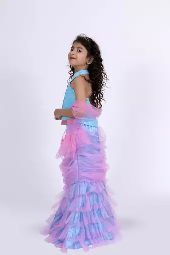 Elaisha sleeveless mermaid-shaped top with skirt & dupatta set - light blue & light pink