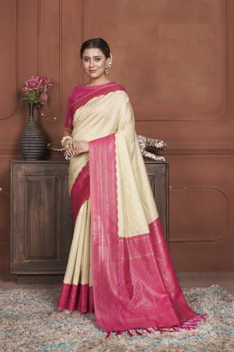 Pink Kanchipuram Silk Zari Weaving With Gold Zari Border And Pallu Saree With Blouse For Women