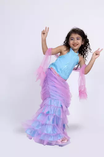 Elaisha sleeveless mermaid-shaped top with skirt & dupatta set - light blue & light pink