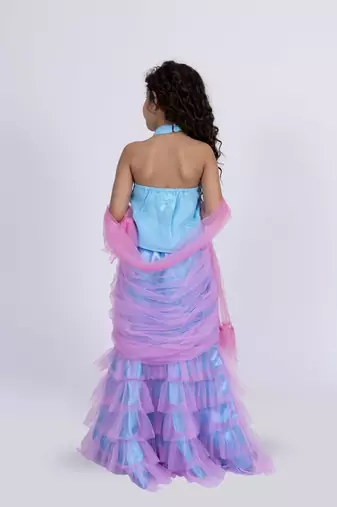 Elaisha sleeveless mermaid-shaped top with skirt & dupatta set - light blue & light pink