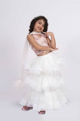 Elaisha sleeveless sequence worked top with skirt set - peach & off white 1