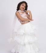 Elaisha sleeveless sequence worked top with skirt set - peach & off white