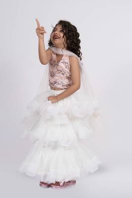 Elaisha sleeveless sequence worked top with skirt set - peach & off white 3