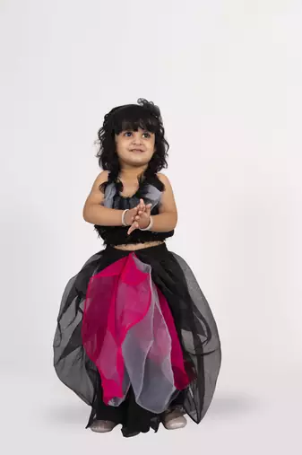Elaisha sleeveless embroidered top with skirt set - black & hot pink