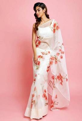 White printed organza saree with blouse 1