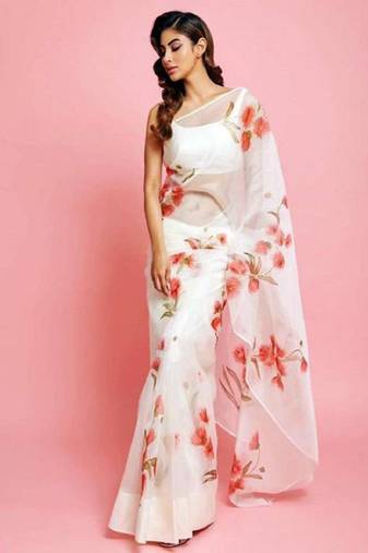 White printed organza saree with blouse