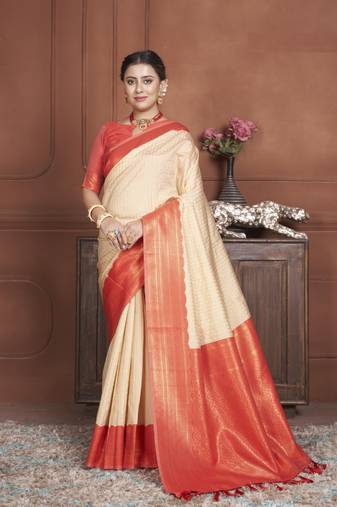 Orange Kanchipuram Silk Zari Weaving With Gold Zari Border And Pallu Saree With Blouse For Women