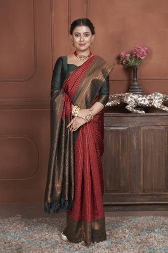 Dark Green Kanchipuram Silk Zari Weaving With Gold Zari Border And Pallu Saree With Blouse For Women