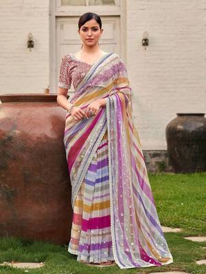 Multi Colour Premium georgette Wedding Wear Hevay Work With Digital Print Saree 1