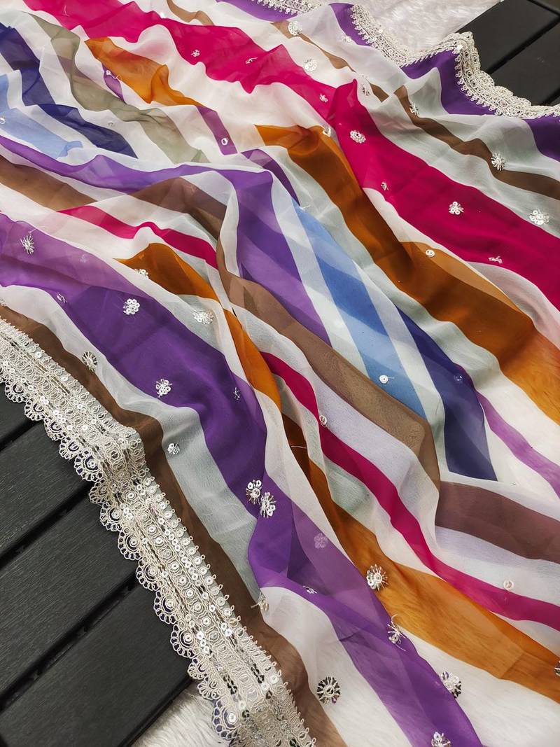 Multi Colour Premium georgette Wedding Wear Hevay Work With Digital Print Saree