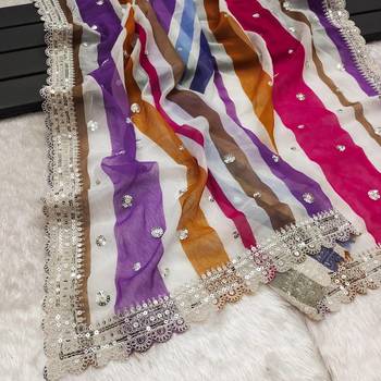 Multi Colour Premium georgette Wedding Wear Hevay Work With Digital Print Saree 4
