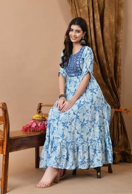 women's rayon embroidered anarkali kurta in blue 1
