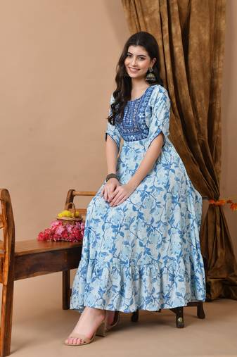 Ftdiva women's rayon embroidered anarkali kurta in blue