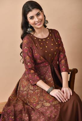 women's rayon embroidered anarkali kurta in brown 1