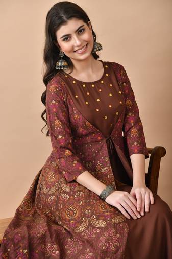 Ftdiva women's rayon embroidered anarkali kurta in brown