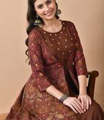 women's rayon embroidered anarkali kurta in brown