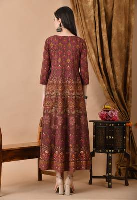 women's rayon embroidered anarkali kurta in brown 2