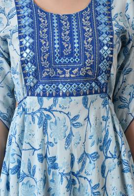 women's rayon embroidered anarkali kurta in blue 3