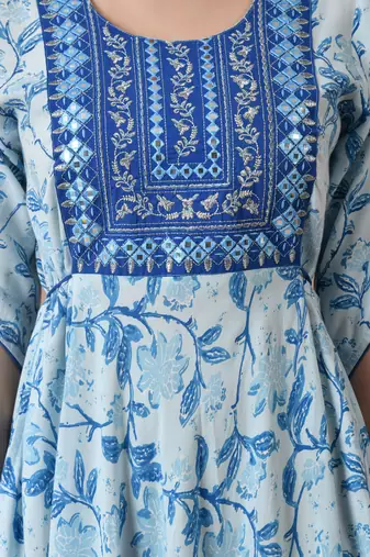 women's rayon embroidered anarkali kurta in blue