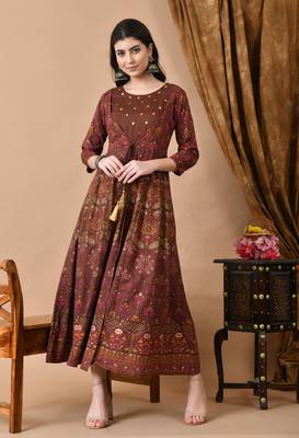 women's rayon embroidered anarkali kurta in brown 3