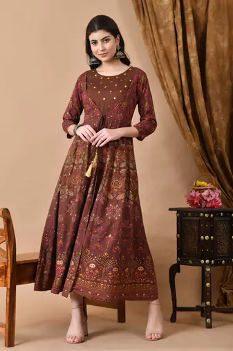women's rayon embroidered anarkali kurta in brown