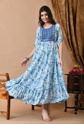 women's rayon embroidered anarkali kurta in blue 4