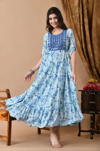 women's rayon embroidered anarkali kurta in blue