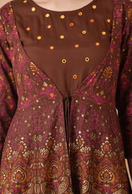 women's rayon embroidered anarkali kurta in brown 4