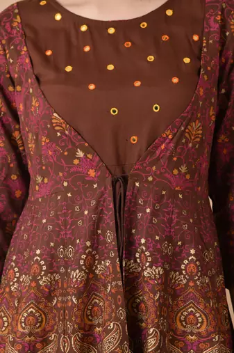 women's rayon embroidered anarkali kurta in brown