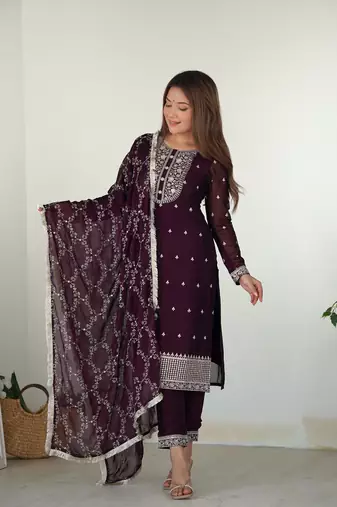 Pure Blooming Rangoli Silk Fabric Straight Fit Embroidery Work Kurta With Dupatta And Trousers
