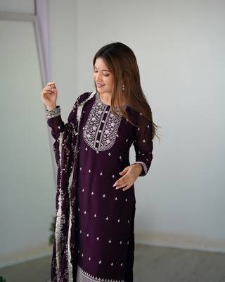 Pure Blooming Rangoli Silk Fabric Straight Fit Embroidery Work Kurta With Dupatta And Trousers 5