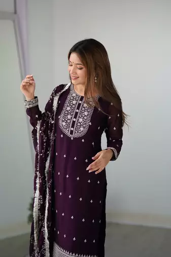 Pure Blooming Rangoli Silk Fabric Straight Fit Embroidery Work Kurta With Dupatta And Trousers